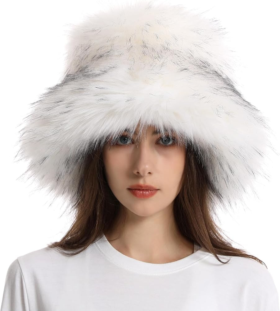 Fuzzy Bucket Hat for Women Winter Fluffy Furry Plush Faux Fur Hats Rainbow Cute Women's Bucket Ha... | Amazon (US)
