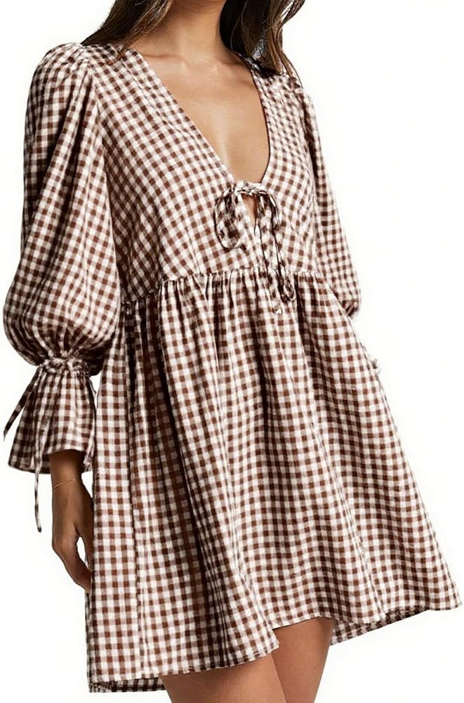 Women Gingham Mini Dress Puff Sleeve Tie Front Babydoll Checkered Dress | Amazon (US)