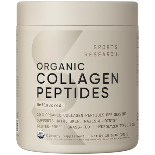 Sports Research® Organic Collagen Peptides - Hydrolyzed Type I & III Collagen Protein Powder Made Sustainably from Grass-Fed Cows - USDA Organic· Non-GMO · Gluten Free - Unflavored, 30 Servings | Amazon (US)