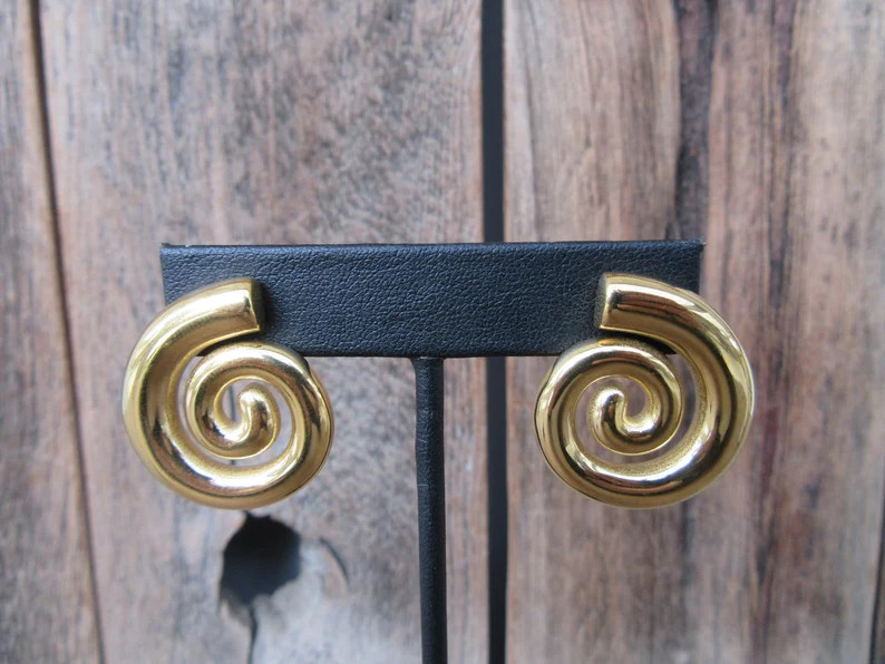 90s Gold Tone Earrings Modernist Chunky Art Deco Revival - Etsy | Etsy (US)