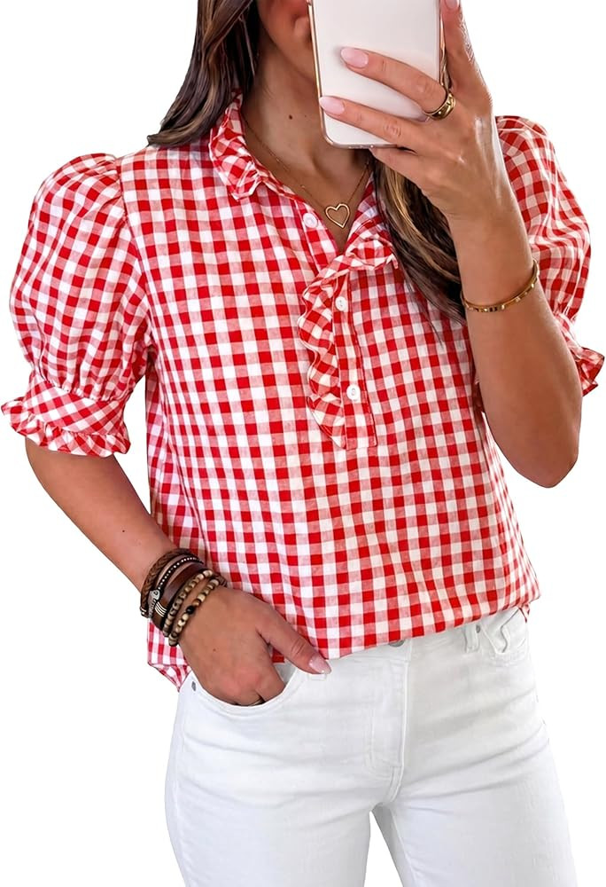 Cicy Bell Womens Summer Gingham Tops Puff Short Sleeve Ruffle V Neck Button Blouse Casual Loose F... | Amazon (US)