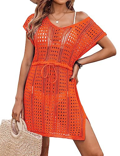 AI'MAGE Womens Crochet Cover Up Dress Short Sleeve Swimsuit Coverup Cute Beach Dress A-Orange | Amazon (US)