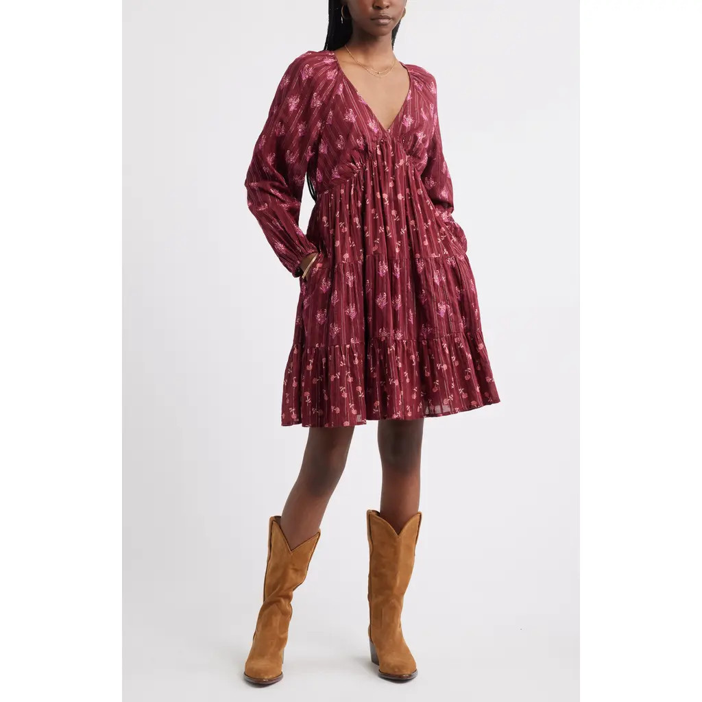 Treasure & Bond Floral Print Jacquard Long Sleeve Minidress in Red-Pink Bouquet Flip Mix at Nordstrom Rack, Size Large | Nordstrom Rack