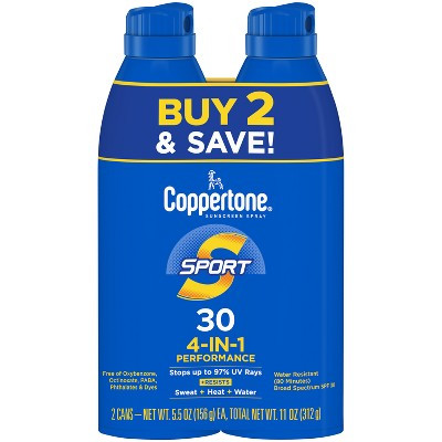 Coppertone Sport Sunscreen Spray - SPF 30 - Twin Pack 11oz: Whole Body Protection, Paraben-Free, Scented, Homosalate | Target