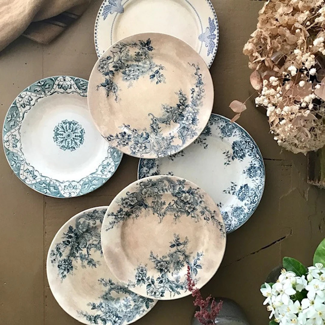 6 Mismatched Old Iron Earth Dessert Plates With Blue and Green Decoration on a Patinated Backgrou... | Etsy (US)