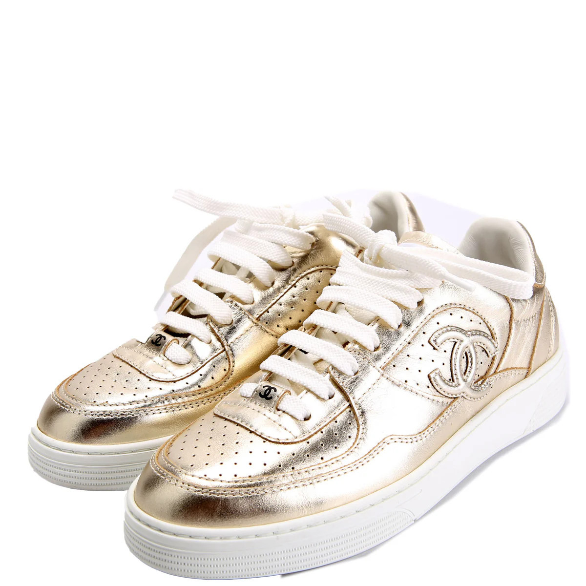 CC Logo Metallic Leather Sneakers Size 36 | Keeks Designer Handbags