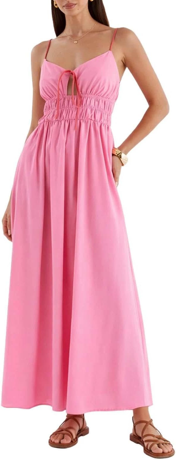Women's V Neck Spaghetti Strap Maxi Dress Front Tie Backless Elastic Waist Casual Flowy Boho Beac... | Amazon (US)