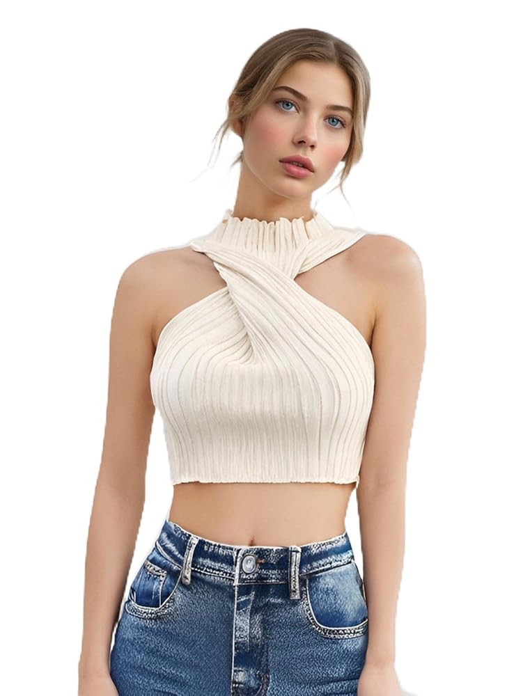 SweatyRocks Women's Sleeveless Halter Twist Front Crop Top Slim Fit Ribbed Knit Vest Tank Tops | Amazon (US)