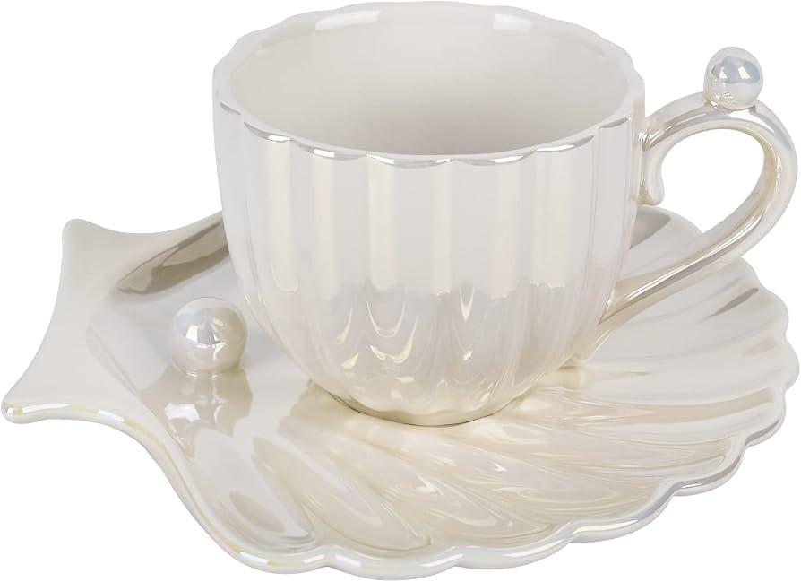 Koythin Ceramic Coffee Mug with Saucer, Creative Pearl Shell Cup, Cute Coffee Mugs for Office and Home, 6.5 oz/200 ml for Tea Latte Milk (Pearl White) | Amazon (US)
