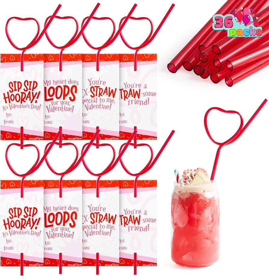 JOYIN 36 Pack Valentines Day Gift Cards with Straws, Heart Shaped Loop Reusable Drinking Straws a... | Amazon (US)