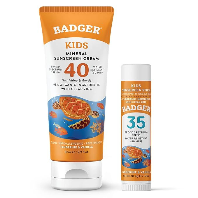 Badger Kids Mineral Sunscreen Combo, SPF 40 Cream and SPF 35 Face Stick, Reef Safe Broad Spectrum... | Amazon (US)