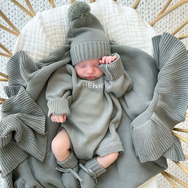 Personalized Knit Sweater Bubble Romper | Smoke | Caden Lane