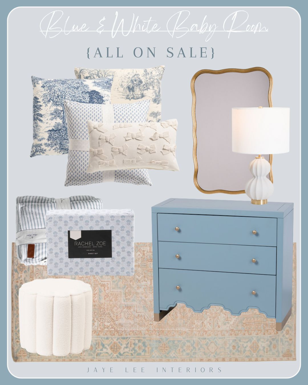 I was inspired by this darling little 3 drawer dresser to create a collection of decorative accents for a little girl's room or baby nursery. I love curating a designer look at a discount with my favorite new arrivals from TJ Maxx, Marshall's and Homegoods.

nursery design project, blue and white nursery, blue girl's room, kid's room, little girl bedroom, baby room, project nursery, nursery design ideas, scalloped mirror, toile throw pillows, scalloped trend, scalloped pouf

#LTKKids 

 #LTKHome #LTKSaleAlert #LTKBaby
