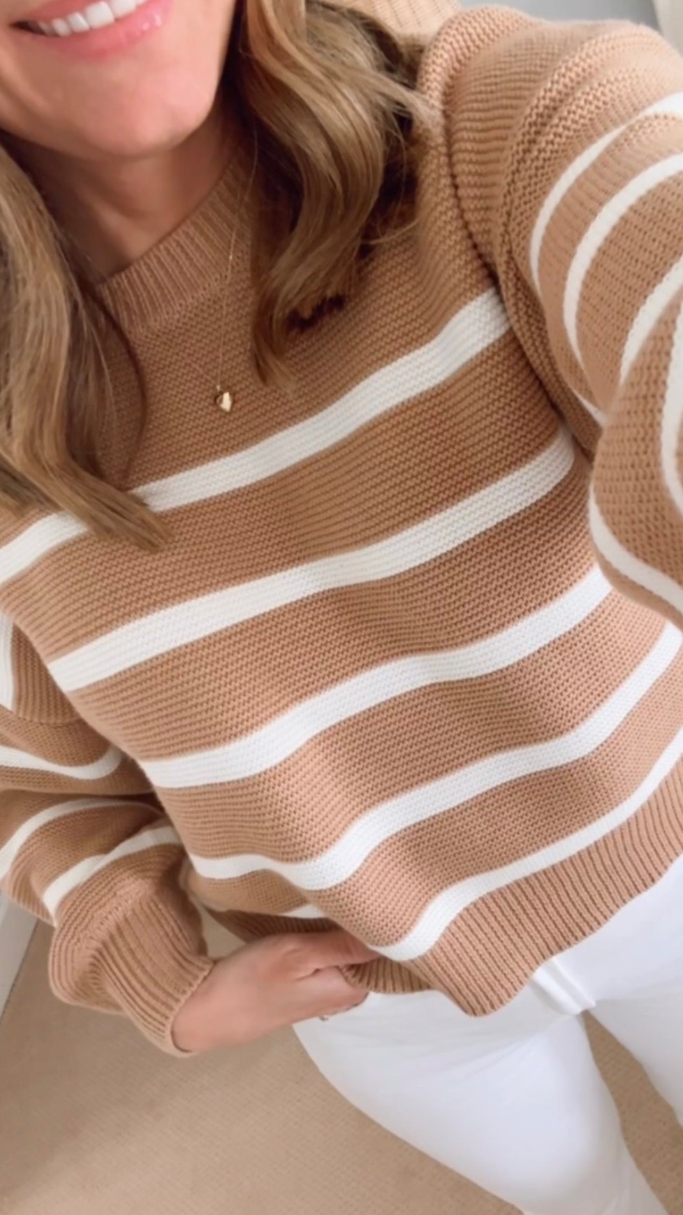 Vici lightweight striped knit neutral sweater. Spring sweater. White cropped flare denim. Spring sandals. Gucci crossbody. Heart necklace. 

#LTKOver40 #LTKFindsUnder100 #LTKFindsUnder50