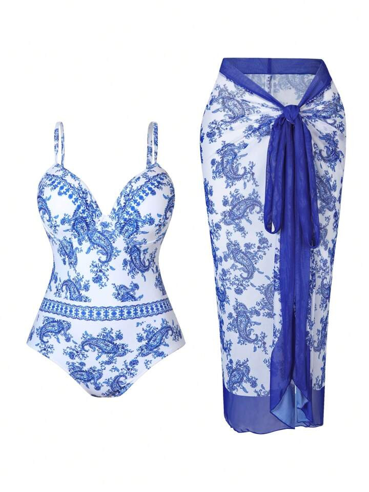 SHEIN Swim Oasis Plus Size Summer Beach One-Piece Swimwear With Paisley Print And Cover-Up Skirt | SHEIN