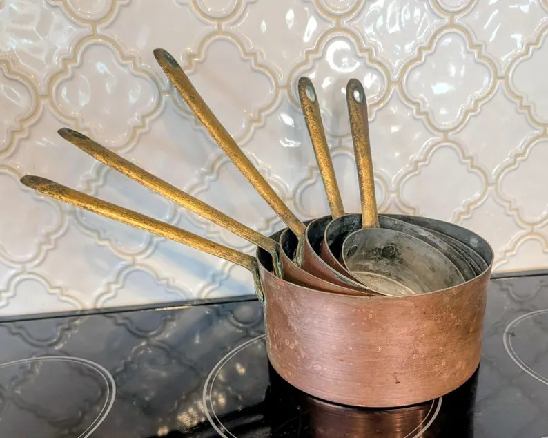 Set of 5 Antique Copper Sauce Pans With Brass Handles | Etsy (US)