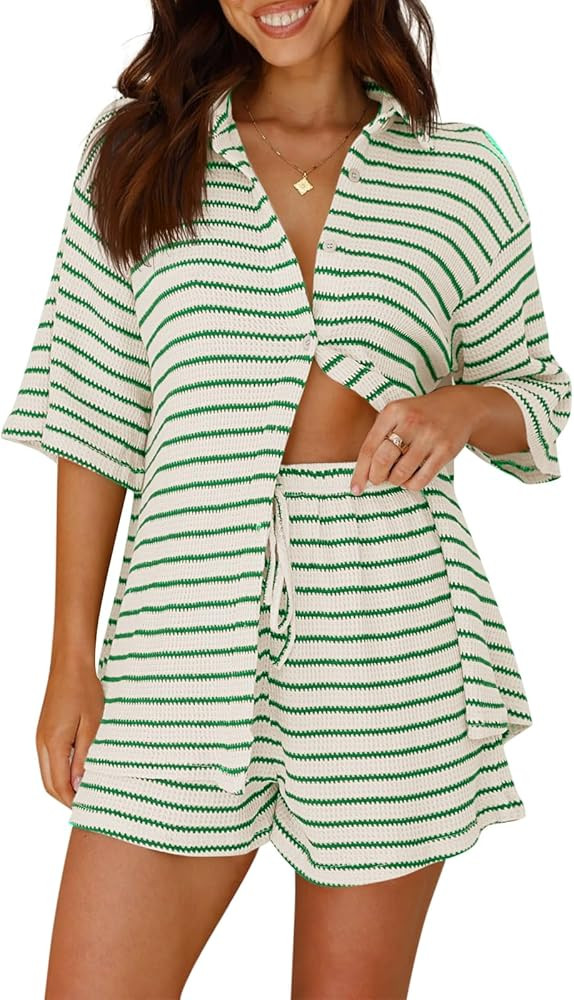 Tankaneo Womens Striped 2 Piece Sets Short Sleeve Button Down Shirt and Shorts Waffle Knit Pajama... | Amazon (US)