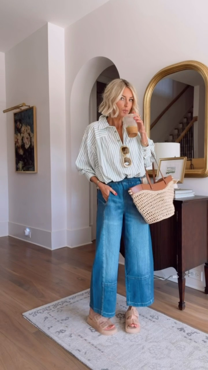The cutest look from Anthropologie! A timeless striped button down with a fun pair of denim is always a yes. Wearing XS in both pieces 

Loverly grey, Anthropologie finds, denim outfit, how to style striped button down, women’s work outfit ideas, workwear summer, capsule wardrobe

#LTKSeasonal #LTKWorkwear