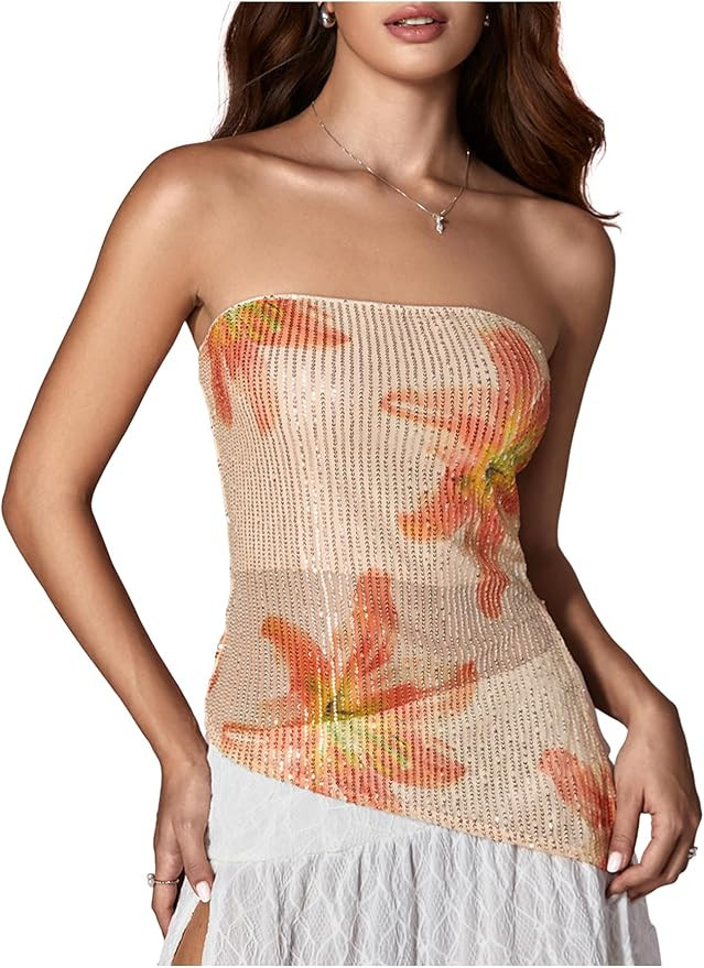 WDIRARA Women's Sparkle Sequin Tube Top Strapless Asymmetrical Bandeau Tops Party Rave Clubwear | Amazon (US)