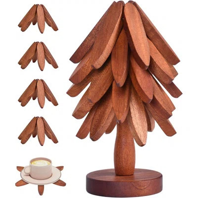 Christmas Tree Coasters - Wooden Trivets For Hot Dishes, Tree Shape Set - 5 Walnut Wood Trivets + 1 Stand (8.8 Inches) | Wayfair North America