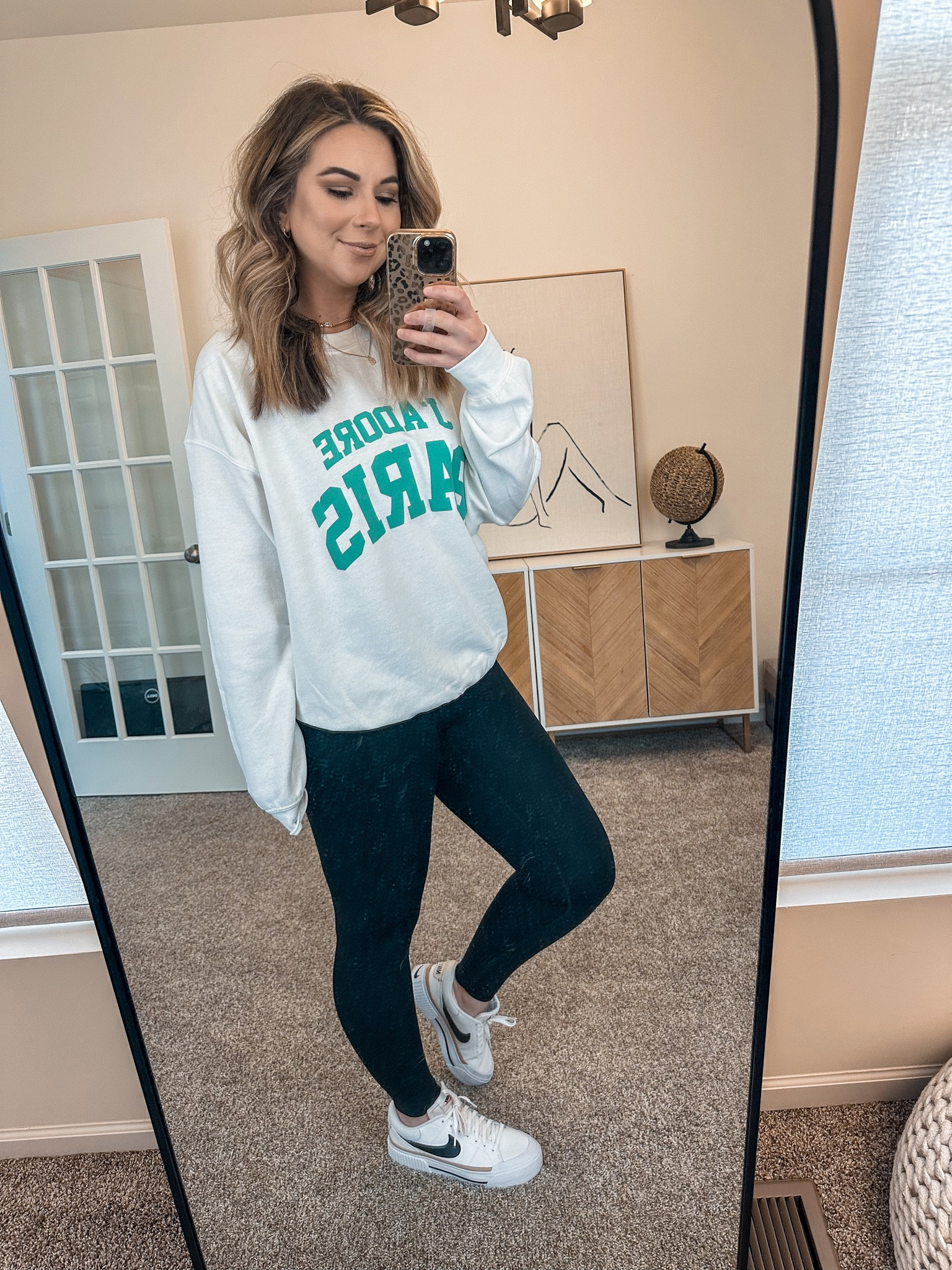 Everyday casual spring outfit! 

Vici sweatshirt - sized up to L 
Amazon leggings - come in full length and 25 inch size S 
Nikes - size 8 (size down half a size) 

#LTKFind #LTKstyletip #LTKshoecrush