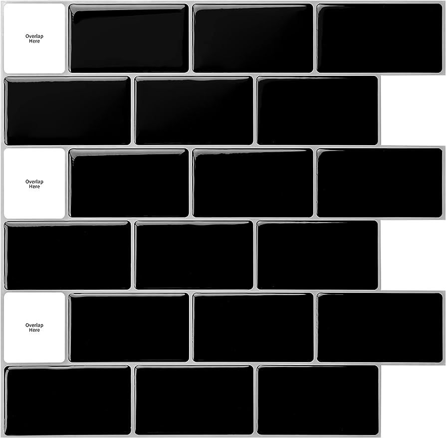 Art3d 12" x 12" Peel and Stick Backsplash Tiles for Kitchen, Shiny Black | Amazon (US)
