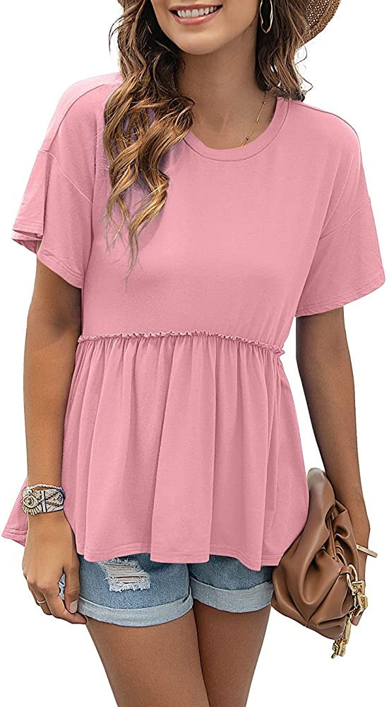 TASAMO Women's Loose Ruffle Hem Short Sleeve High Low Peplum Blouse Top | Amazon (US)