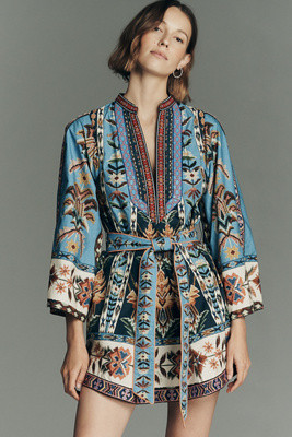 Farm Rio Tie-Front Long-Sleeve Plunge Mini Dress | Anthropologie (US)