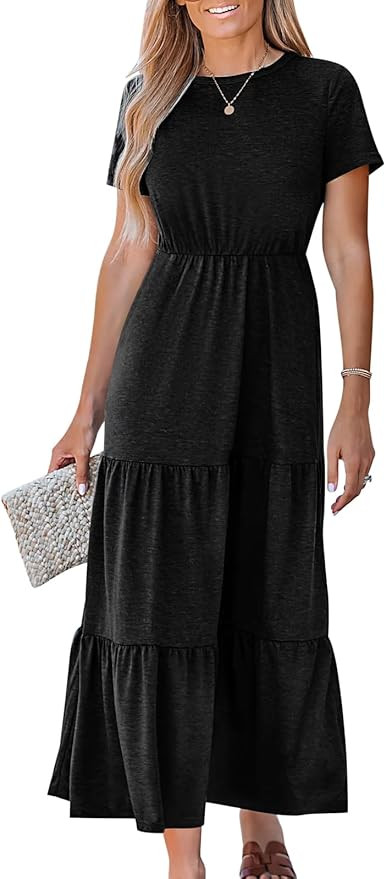 Paintcolors Women's Casual Summer Short Sleeve Maxi Dress Crew Neck Tiered Dresses Flowy Swing Lo... | Amazon (US)