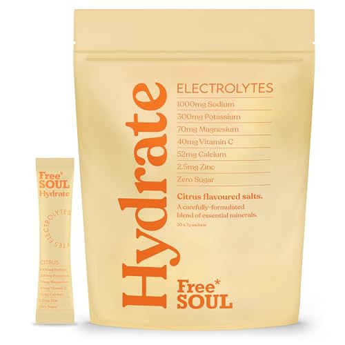 Free Soul Hydrate | Electrolyte Hydration Sachets | Zero Sugar | 30 Sachets | Advanced Electrolyte Powder with Sodium, Magnesium, Vitamin C | Citrus Salt Flavour | Amazon (UK)