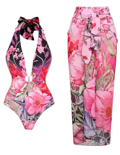 FLAXMAKER Women's Lace-up Neck Deep V Neck Strapless Printed One-Piece Swimsuit and Sarong/Skirt (US, Alpha, Small, Regular, Regular, Red Swimsuit and Sarong) | Amazon (US)