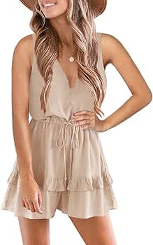 Valphsio Womens V Neck Beach Tank Rompers Flowy Ruffle Layered Shorts Jumpsuit High Waist | Amazon (US)