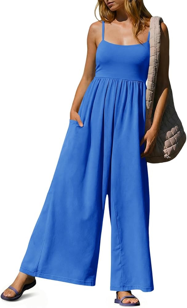 Fisoew Womens Summer Jumpsuits One Piece Casual Loose Overalls Spaghetti Strap Wide Leg Rompers with Pockets Workout Outfits | Amazon (US)