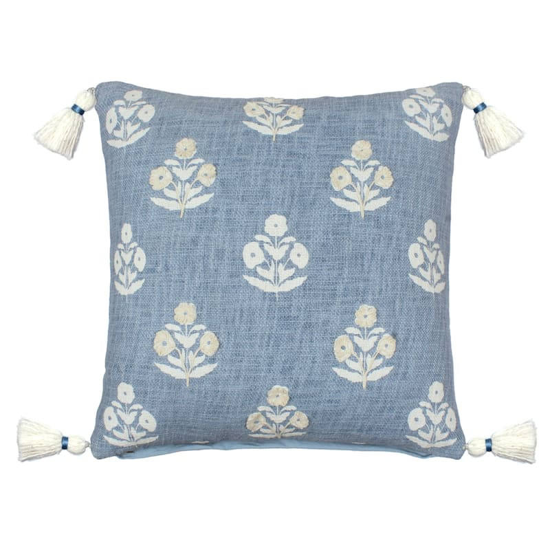 Grace Mitchell Light Blue Embroidered Tassel Throw Pillow, 20" | At Home