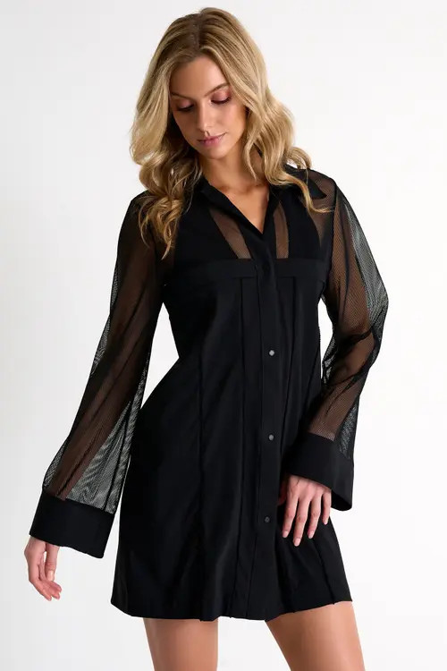 SHAN Grid Mesh Beach Shirt-Dress in Black at Nordstrom, Size 14 | Nordstrom