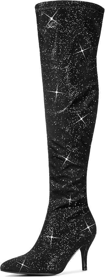Allegra K Women's Glitter Pointed Toe Stiletto Heels Over the Knee High Boots | Amazon (US)