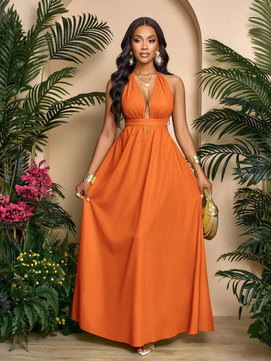 SOLERSUN Women Solid Color Halter V-Neck Vacation Holiday Beach Criss Cross Tie Backless Maxi Dre... | SHEIN