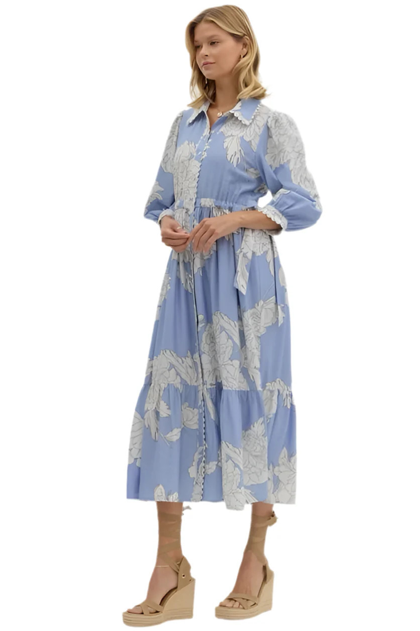 Blue & white floral midi shirt dress | Mulberry & King