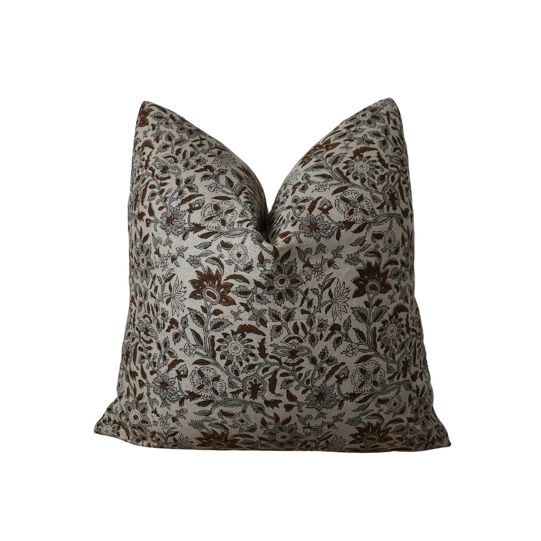 Brown and Gray Floral Block Print Throw Pillow Cover. Earthy Linen Throw Pillow Covers, Summer Li... | Etsy (US)