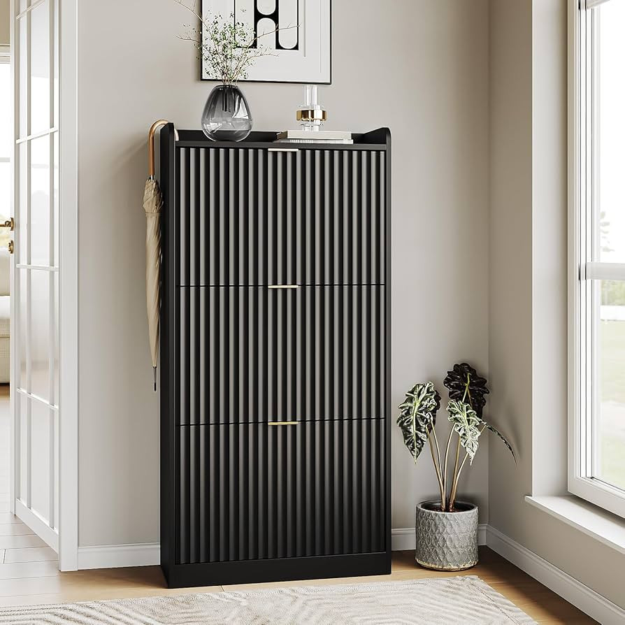 Fluted Shoe Cabinet with 3 Flip Drawers, Narrow Shoe Storage Cabinet for Entryway, Freestanding S... | Amazon (US)