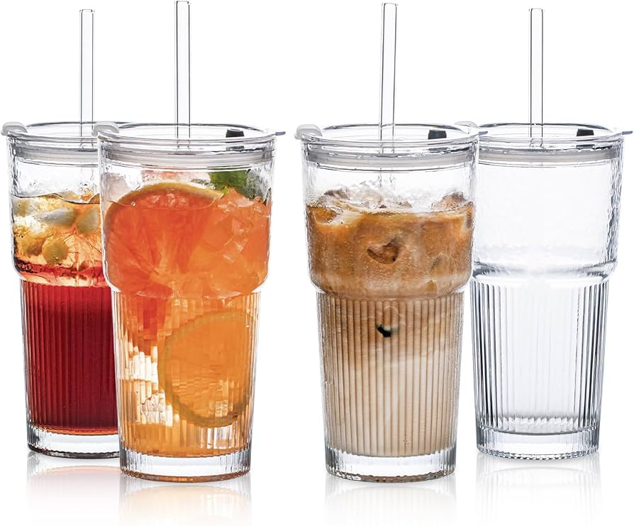 20oz Glass Tumblers with Lids and Straws, Set of 4 - Stylish Ribbed Design Drinking Glasses for I... | Amazon (US)