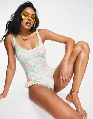 ASOS DESIGN scoop neck contrast frill swimsuit in mixed ditsy floral print | ASOS (Global)
