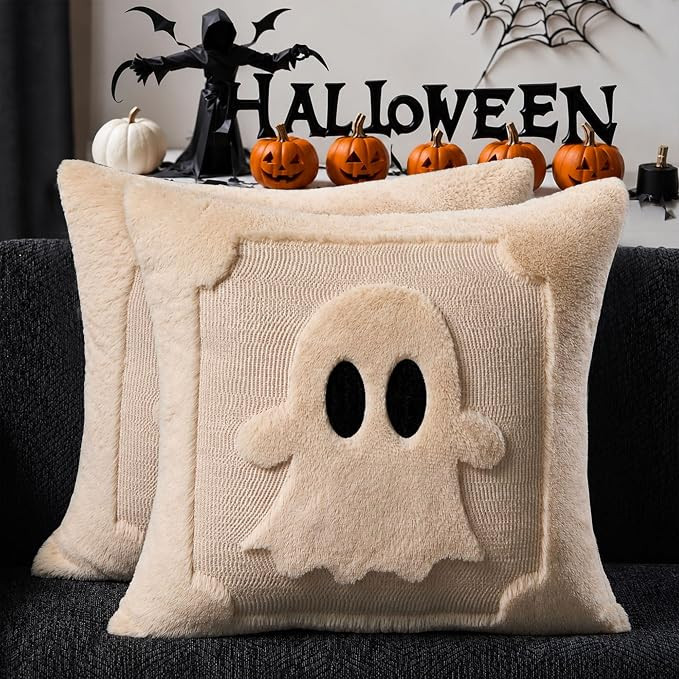 DFXSZ Halloween Pillow Covers 18x18 inch Set of 2 Black Eyes Beige Ghost Throw Pillow Cases Soft ... | Amazon (US)