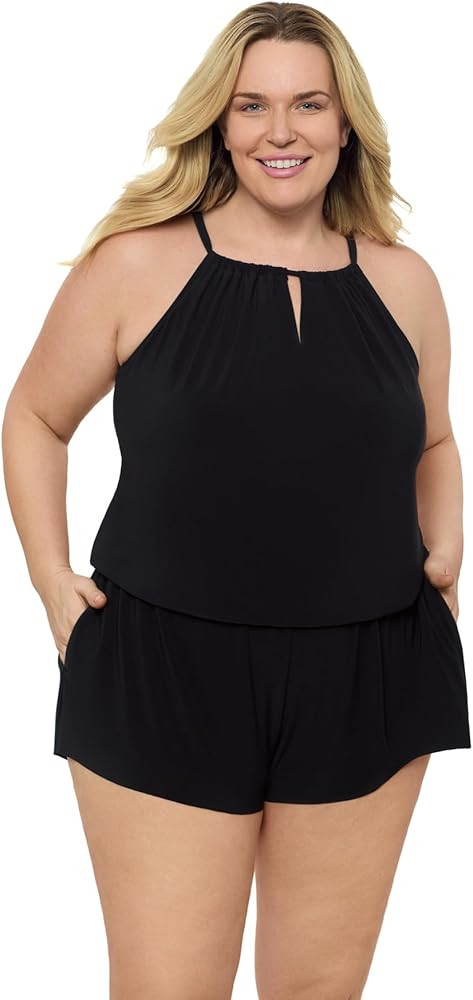 Aqua Green Womens Keyhole Blouson Slimming Swim Romper with Pocket | Amazon (US)