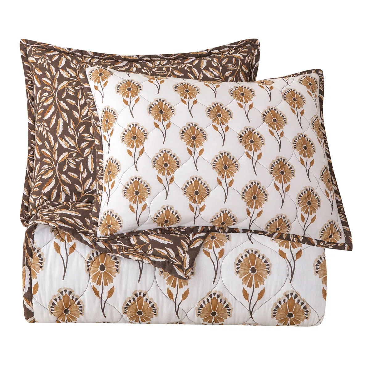 Woodstock White Tan Floral Fall Leaves Print Classic Reversible Cotton Quilt Set | Wayfair North America