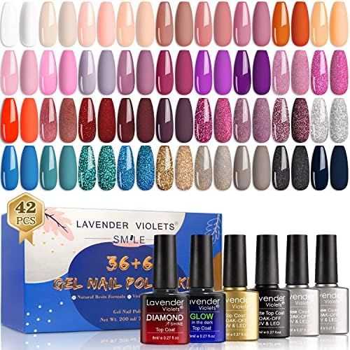 Lavender Violets 42 Pcs Gel Nail Polish Kit Set with 36 Colors Coat, 6 Bottles of Base top Coat, ... | Amazon (US)