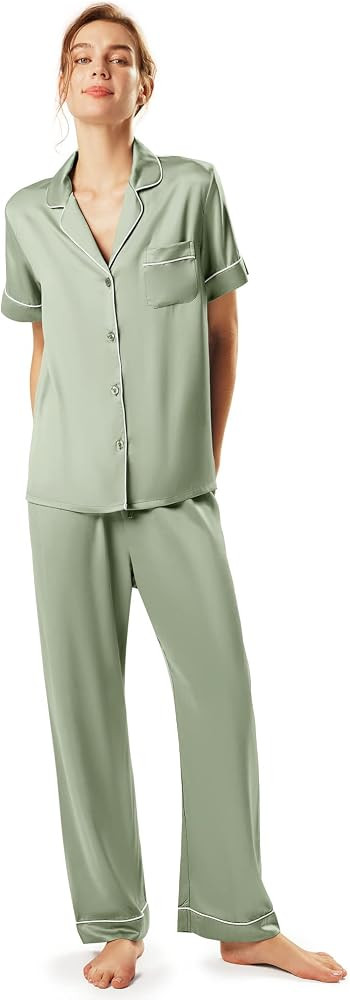 AW BRIDAL Womens Satin Pajama Set Soft Short Sleeve Silk Pajamas Button Down Loungewear Sleepwear... | Amazon (US)