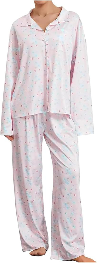 QIGUANDZ Funny Fruits Pajama Sets for Womens Loose Button Down Long Sleeve Shirts and Pants Set S... | Amazon (US)