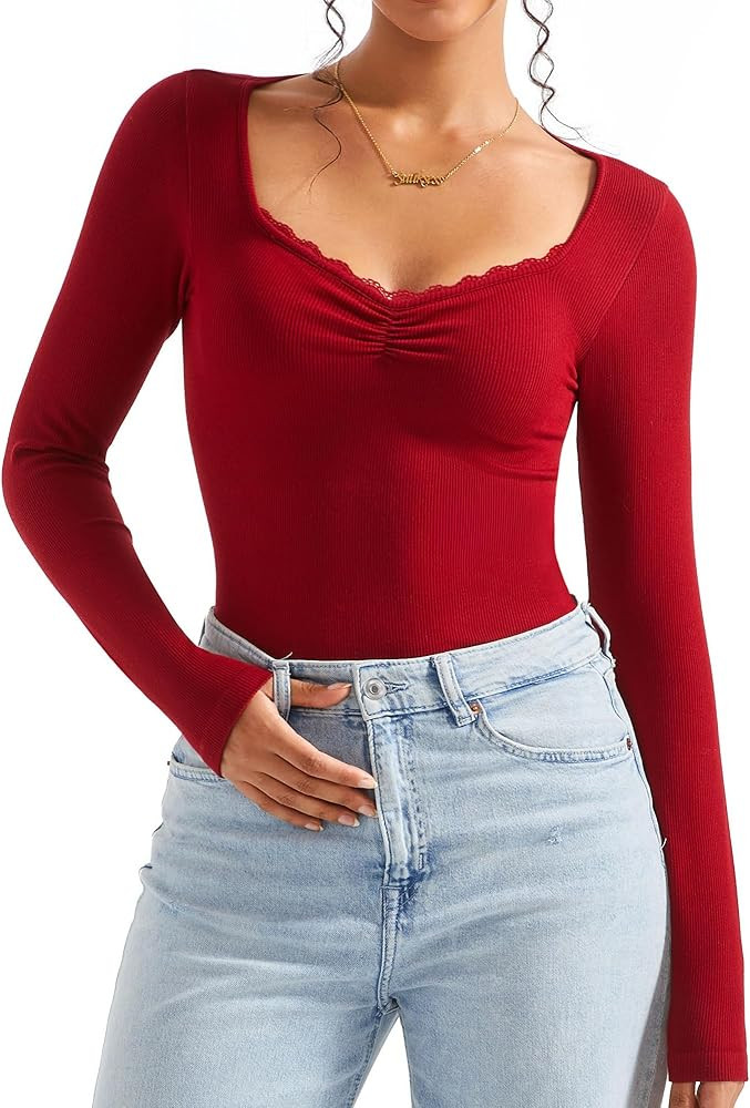 SUUKSESS Women Sweetheart V Neck Long Sleeve Tops Lace Trim Ribbed Modal Fall Going Out Shirts | Amazon (US)