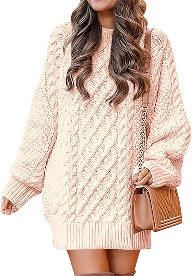 ANRABESS Women Crewneck Long Sleeve Oversized Cable Knit Chunky Pullover Short Sweater Dresses | Amazon (US)